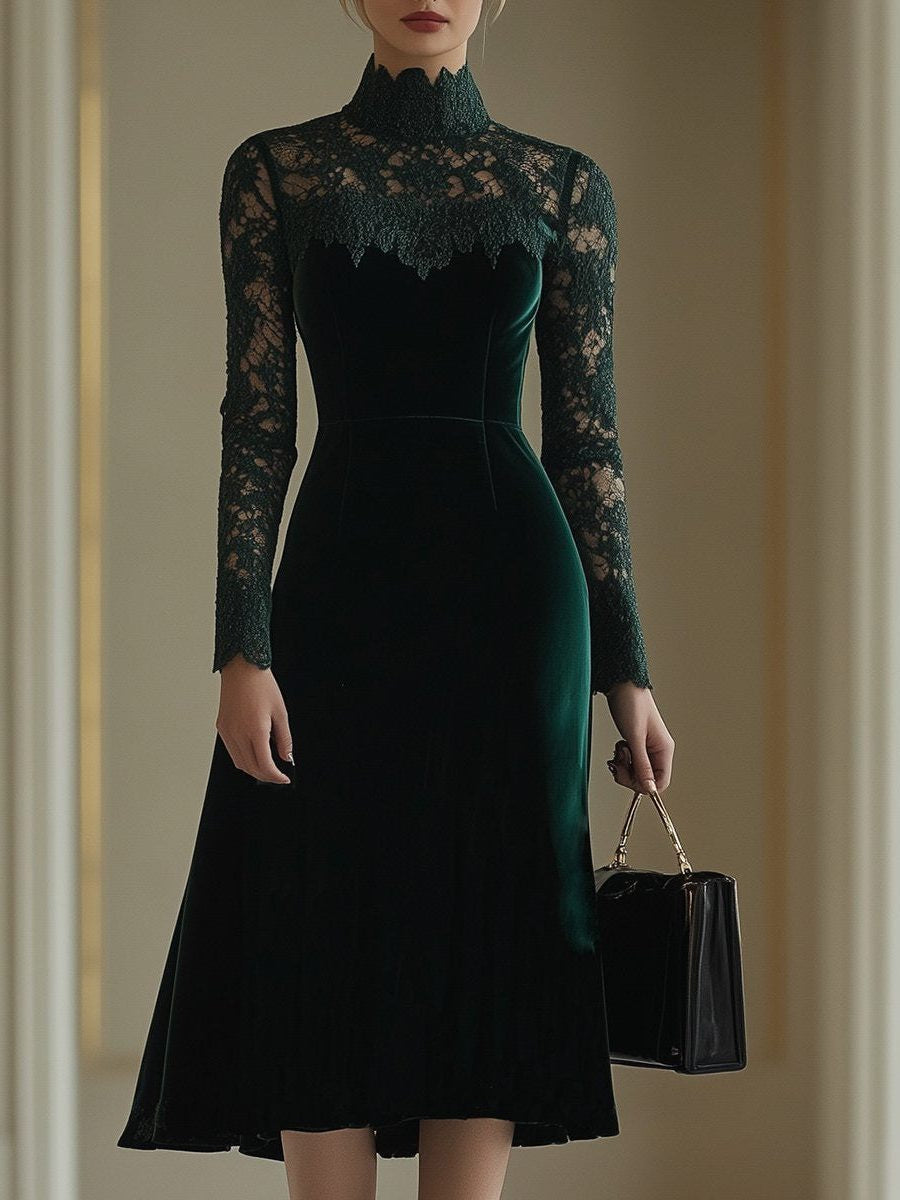 High-Neck Lace Midi Dress with Long Sleeves - Green