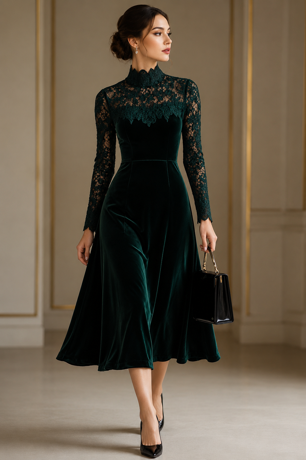 High-Neck Lace Midi Dress with Long Sleeves - Green