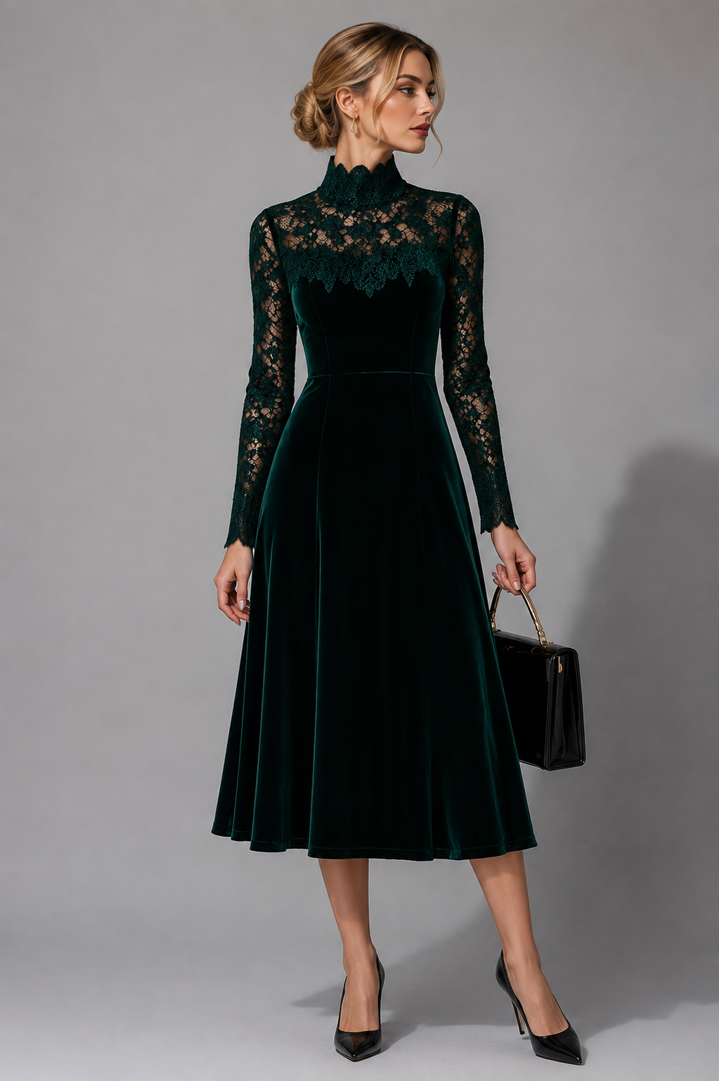 High-Neck Lace Midi Dress with Long Sleeves - Green