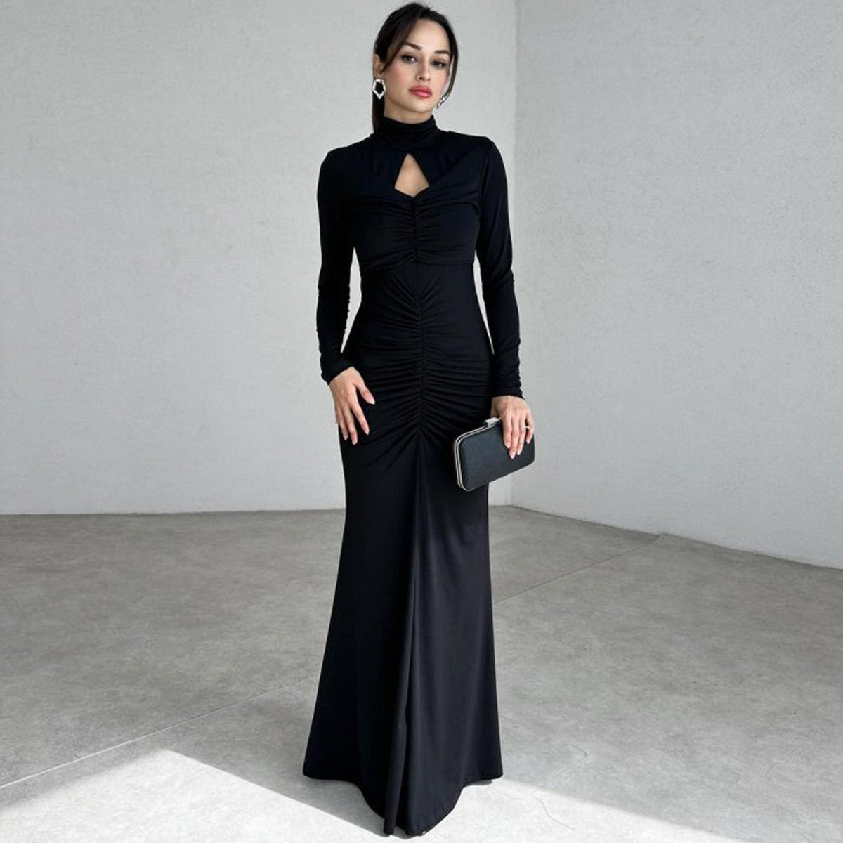 Ruched High-Neck Maxi Dress with Keyhole Detail - Black