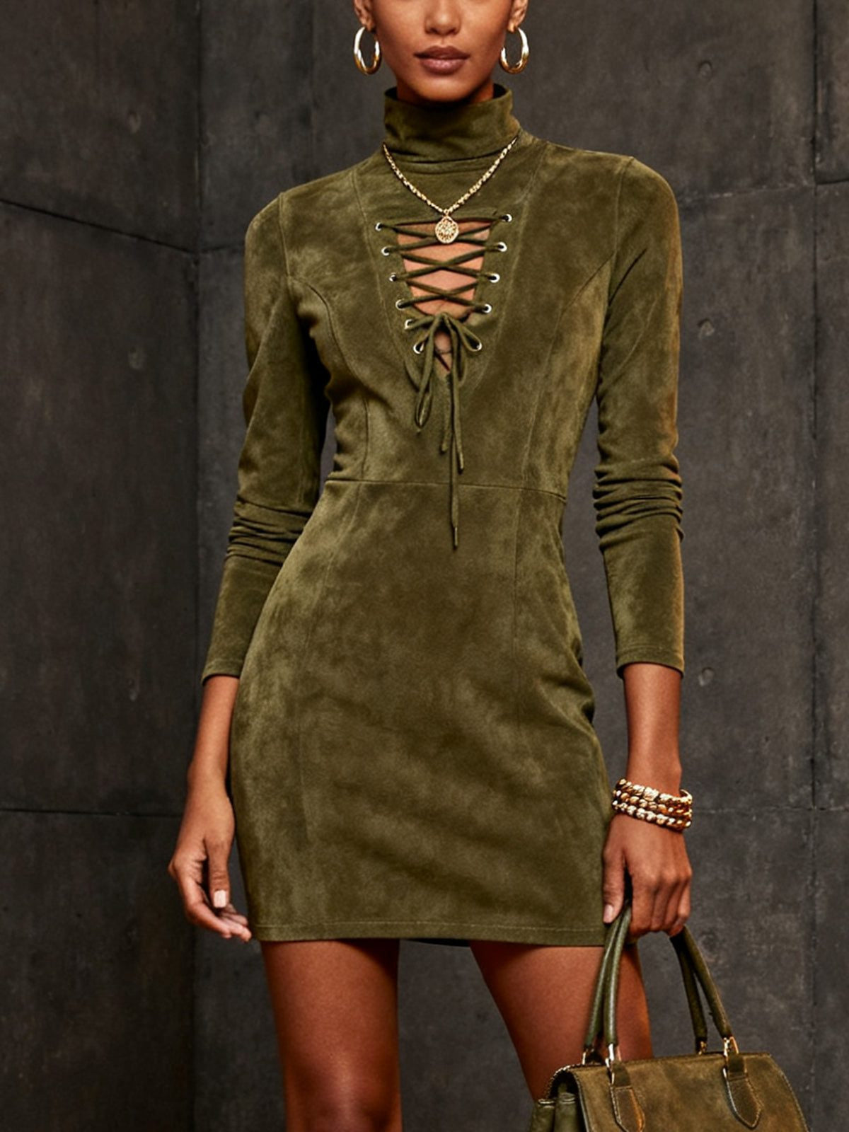 Suede-Look Lace-Up Mini Dress with Roll Neck - Olive