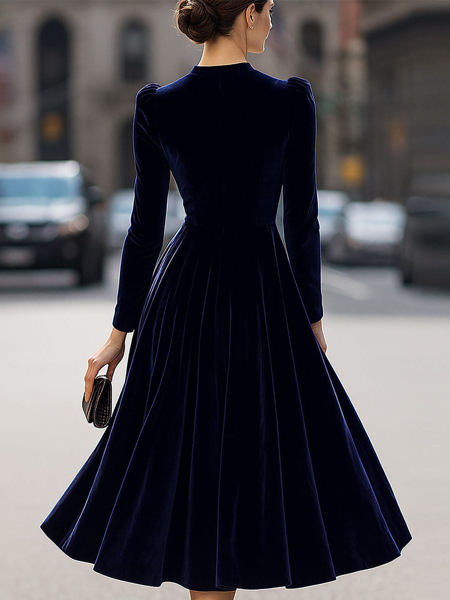 Velvet A-Line Midi Dress with Long Sleeves - Blue