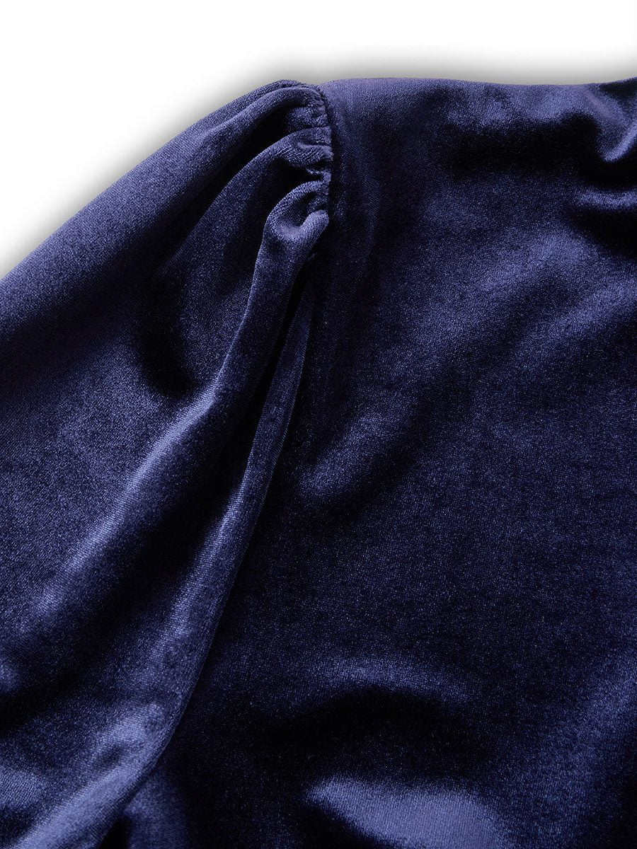 Velvet A-Line Midi Dress with Long Sleeves - Blue