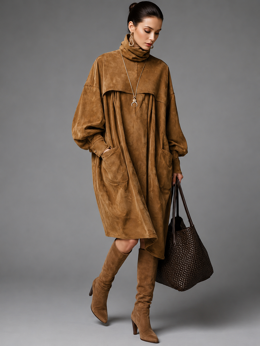Oversized Suede-Look Shirt Dress with Chest Flaps - Brown