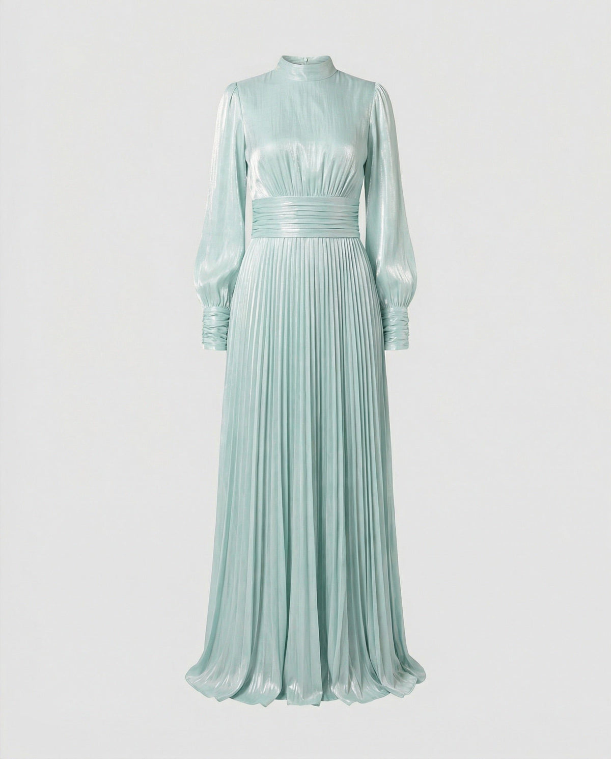 High-Neck Pleated Maxi Dress with Gathered Waist - Light Blue