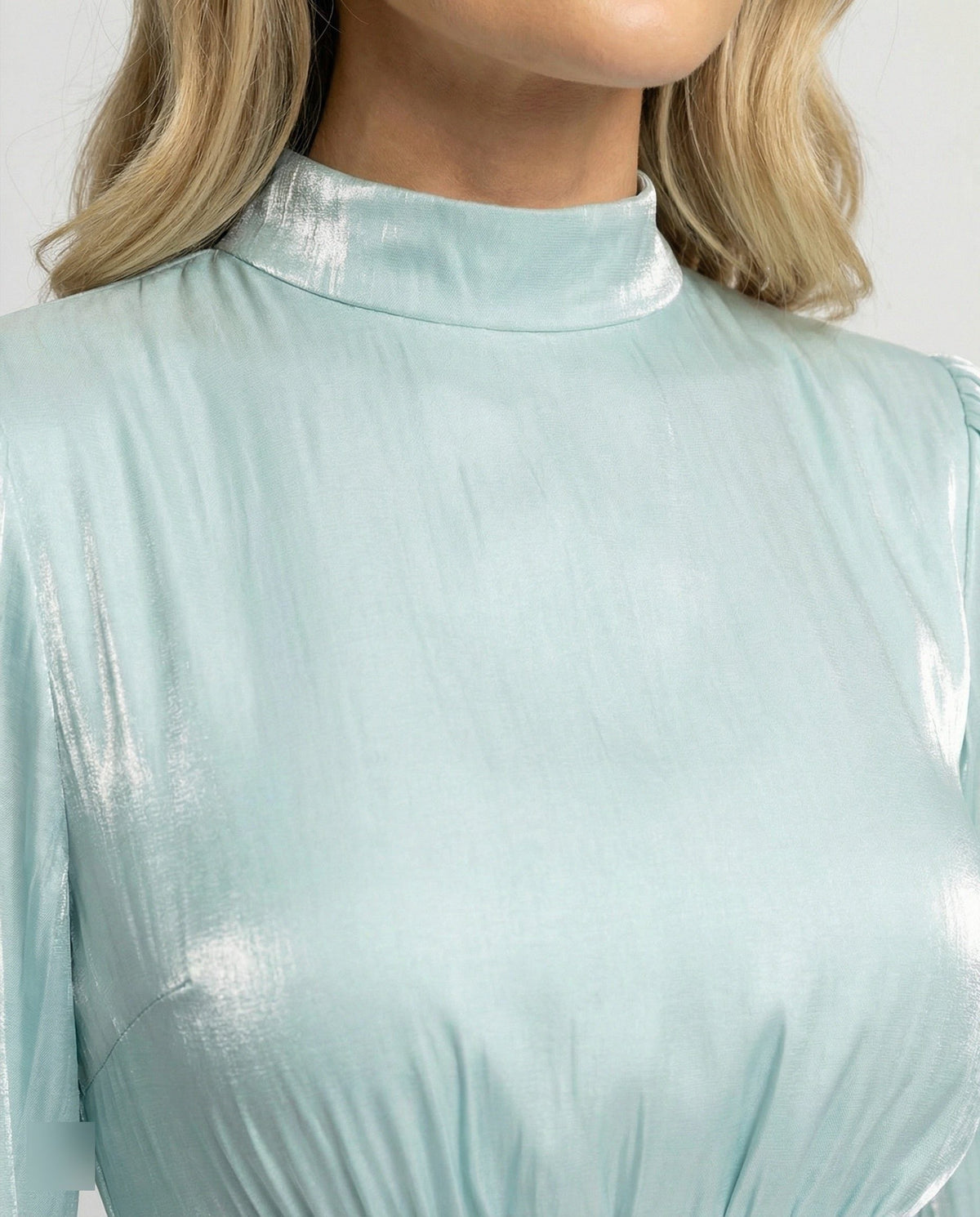 High-Neck Pleated Maxi Dress with Gathered Waist - Light Blue