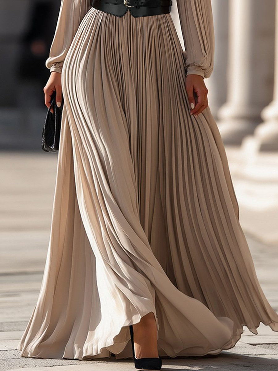 High-Neck Pleated Maxi Dress with Long Sleeves - Beige