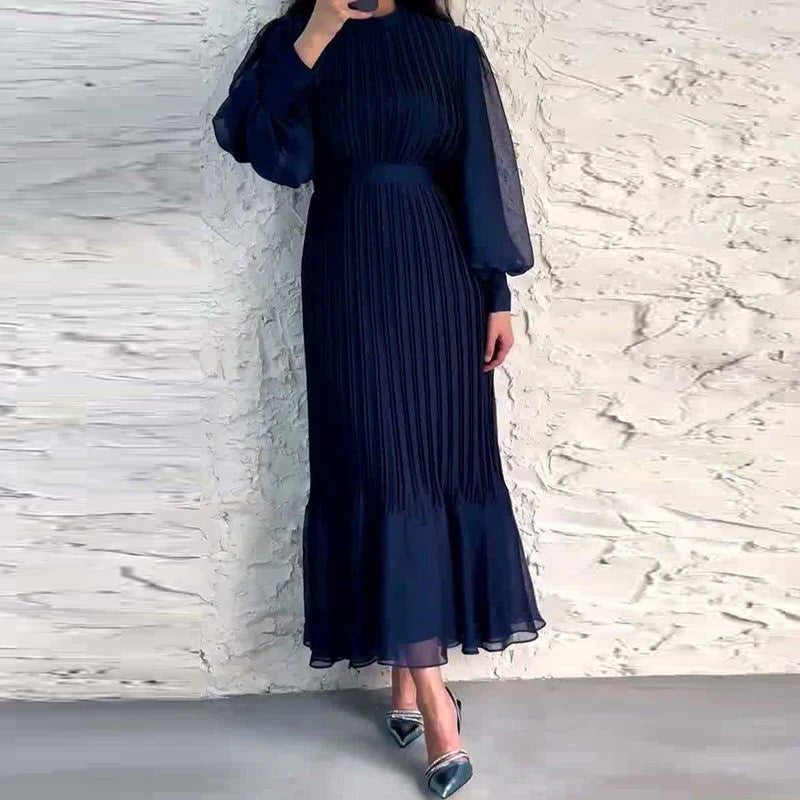 Puff-Sleeve Pleated Midi Dress - Navy