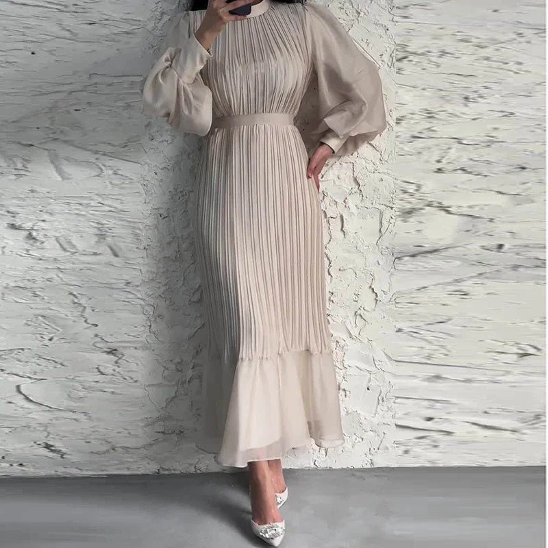 Puff-Sleeve Pleated Midi Dress - Beige