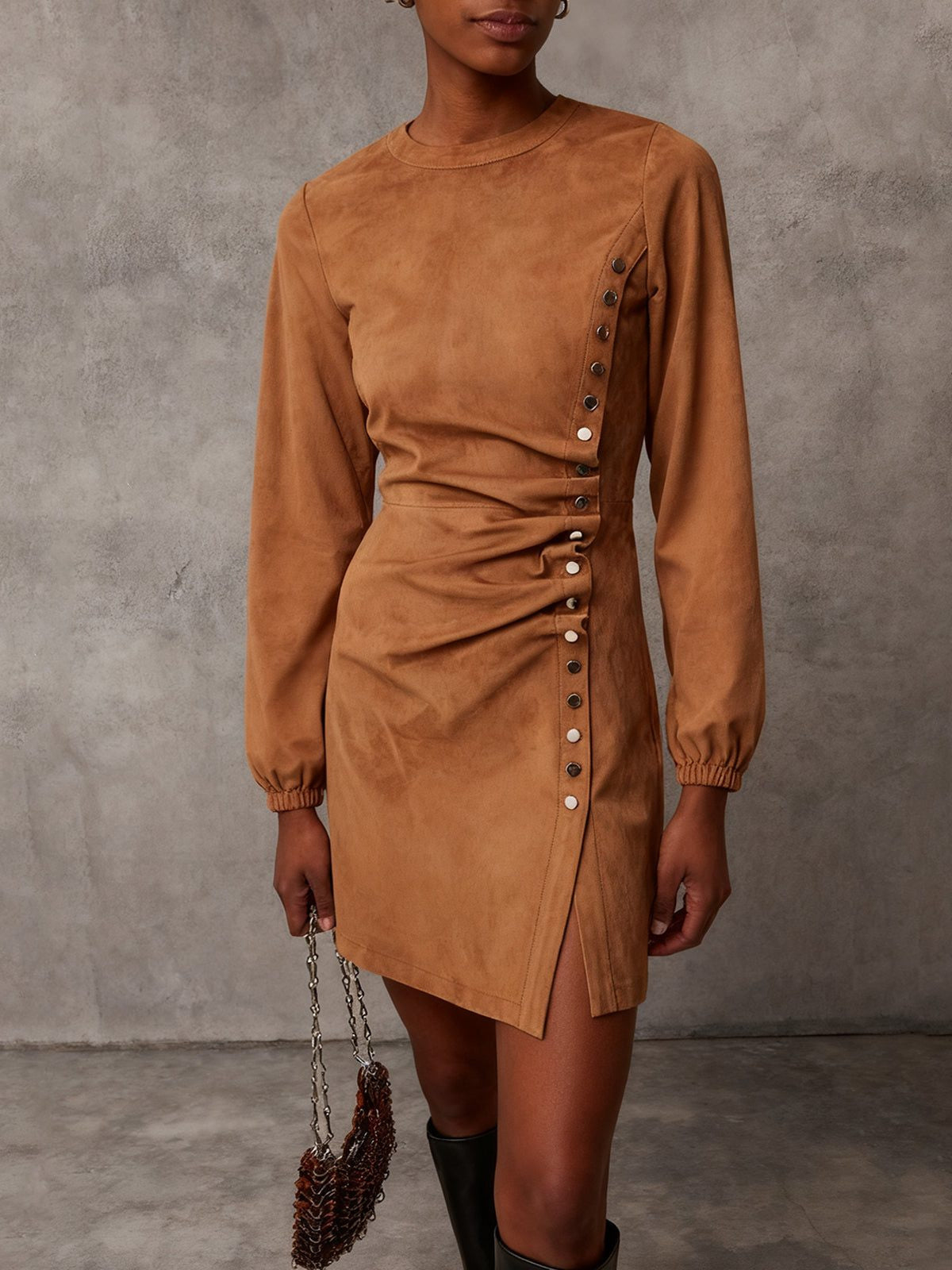 Suede-Look Ruched Mini Dress with Side Buttons - Camel