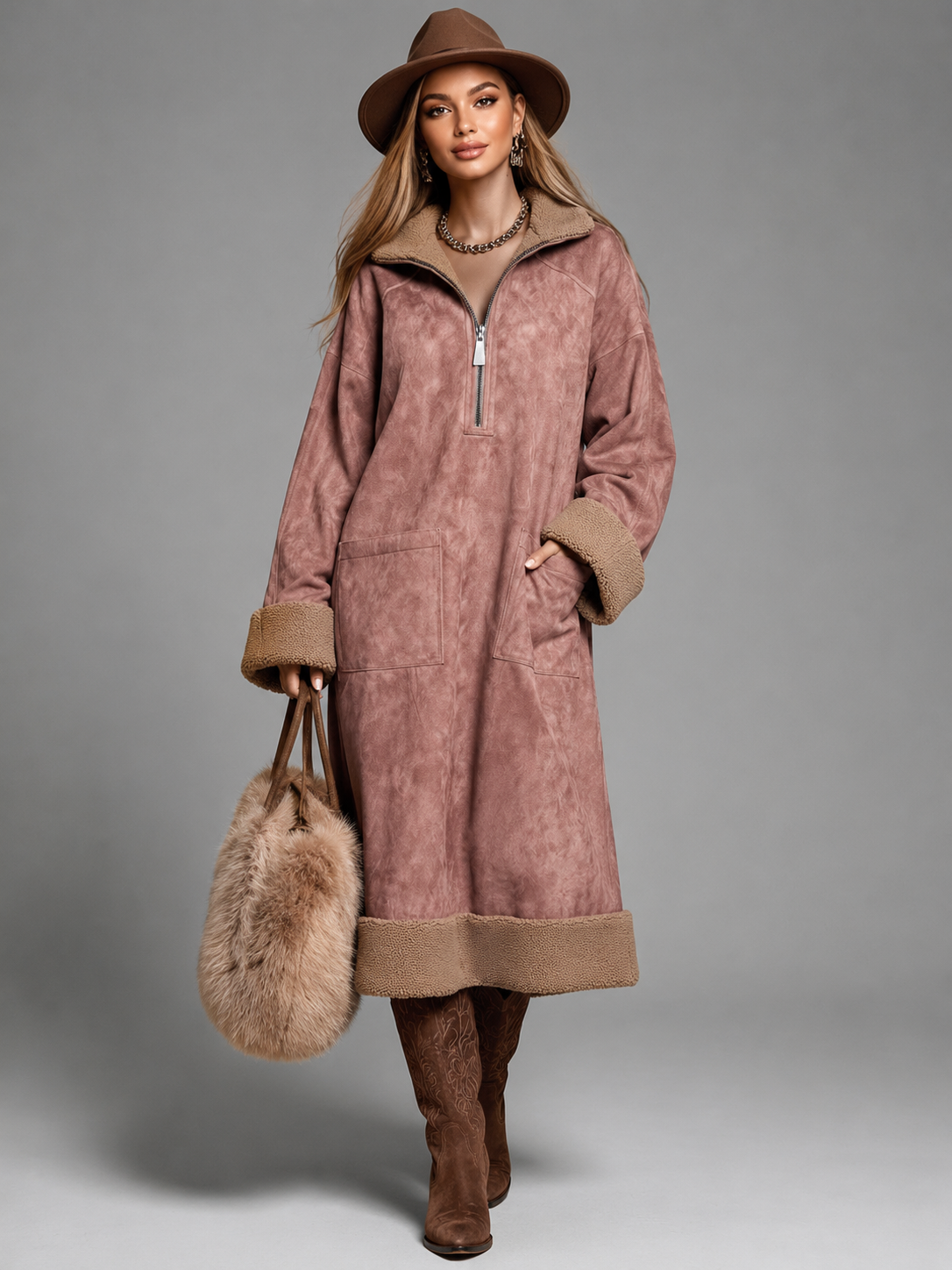 Oversized Suede-Look Shirt Dress with Contrast Cuffs - Pink