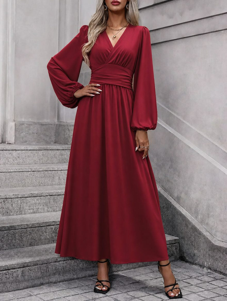 V-Neck Maxi Dress with Blouson Sleeves and Leg Split - Red