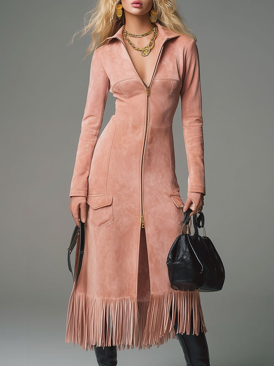 Suede-Look Zip-Front Midi Dress with Fringe Hem - Pink