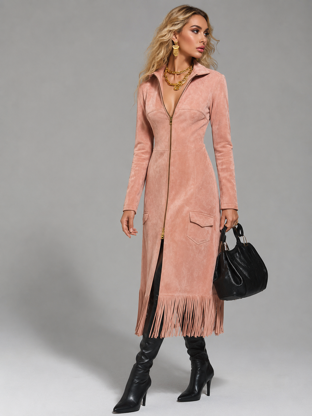 Suede-Look Zip-Front Midi Dress with Fringe Hem - Pink