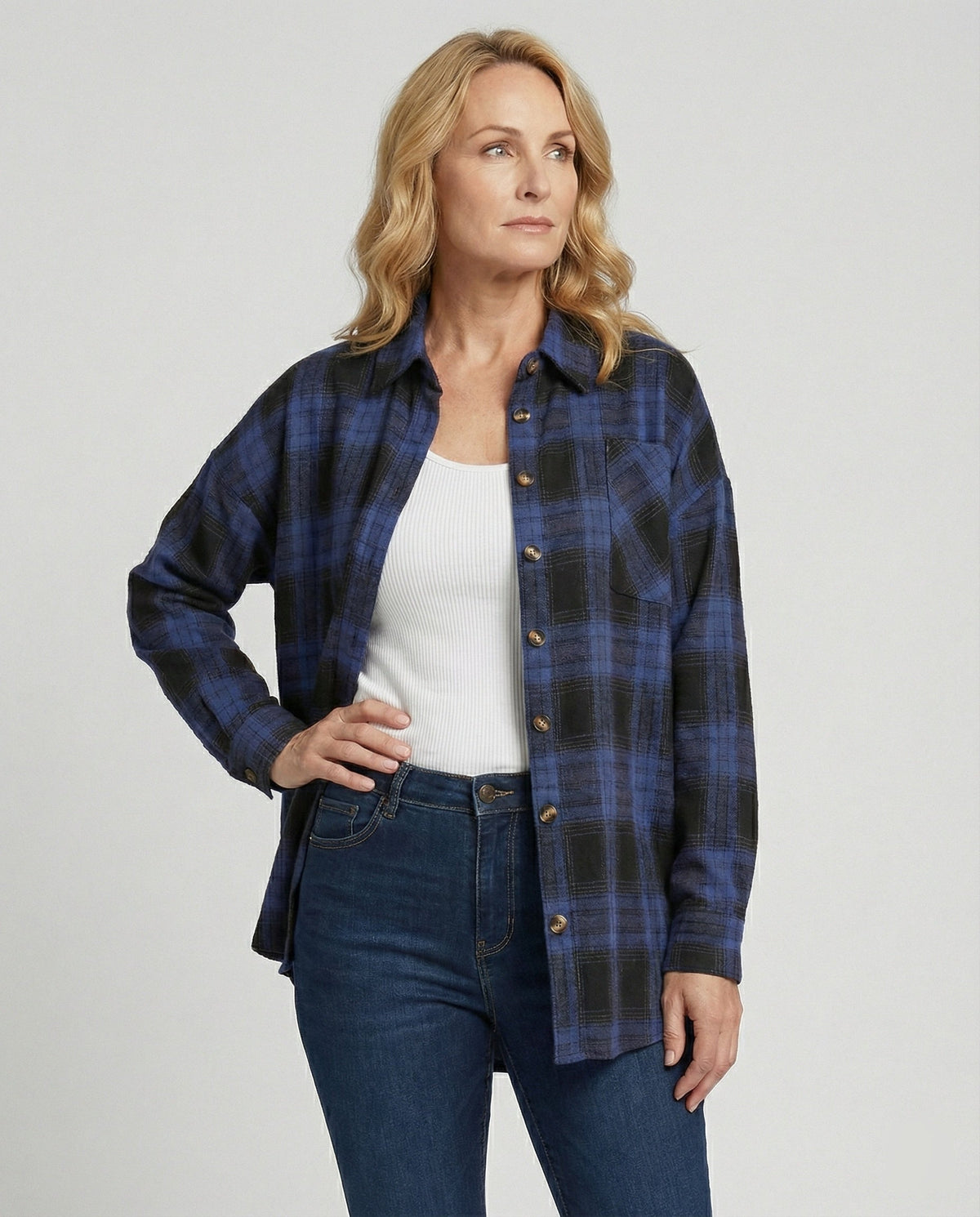 Flanellhemd mit weitem Schnitt und Hemdkragen für Damen