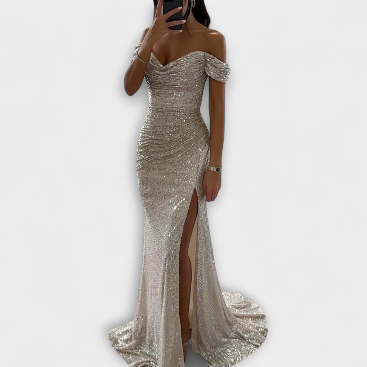 Glitzerkleid mit Raffung und Schleppe für Damen