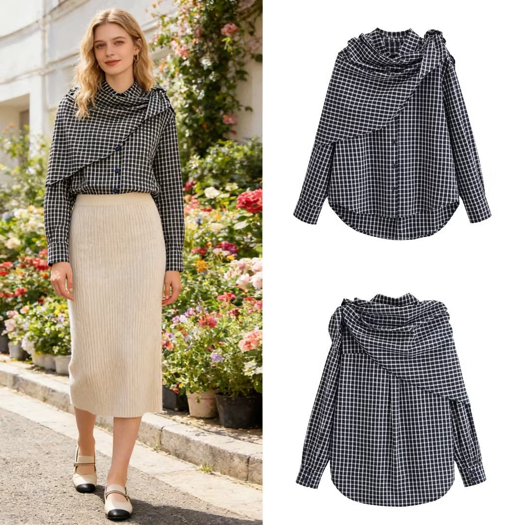 Hemdbluse mit Karomuster und Schal-Tuch für Damen