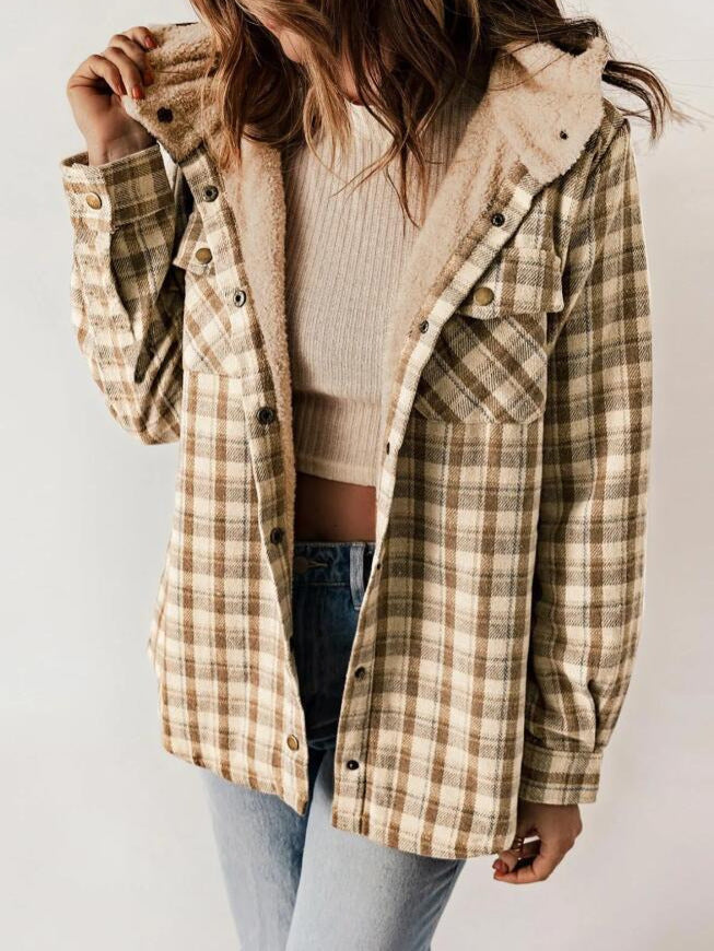 Herbstjacke mit Karomuster und Kapuze für Damen