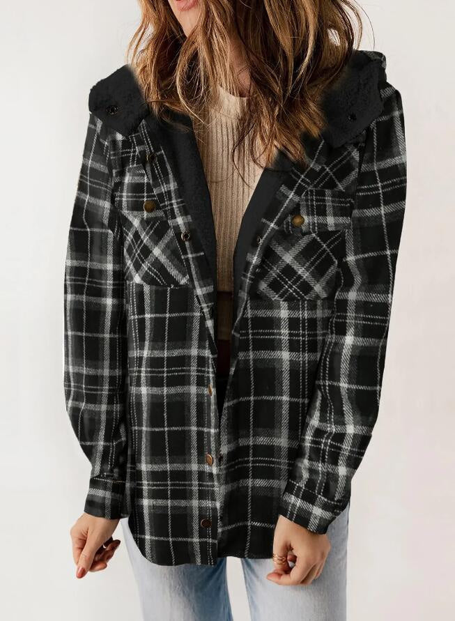 Herbstjacke mit Karomuster und Kapuze für Damen - Schwarz