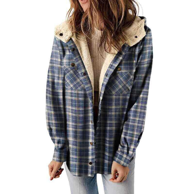 Herbstjacke mit Karomuster und Kapuze für Damen - Blau