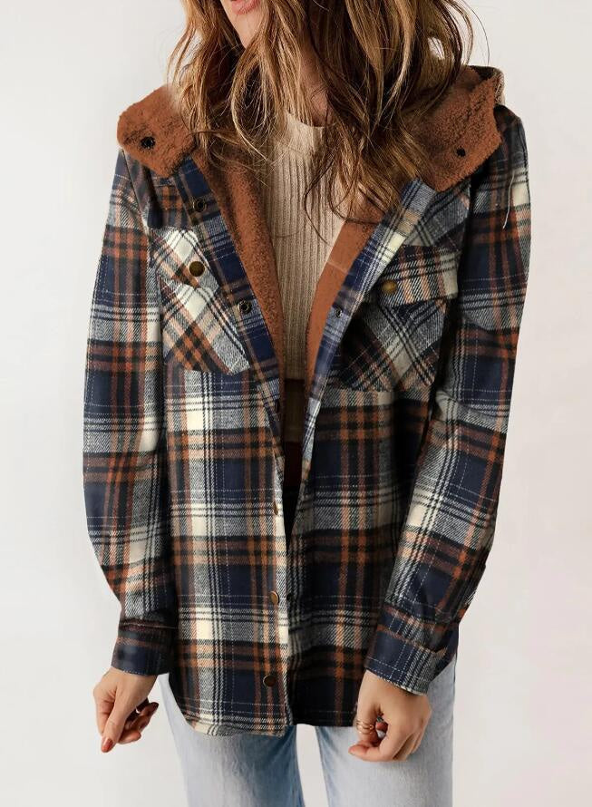 Herbstjacke mit Karomuster und Kapuze für Damen - Marineblau-Braun