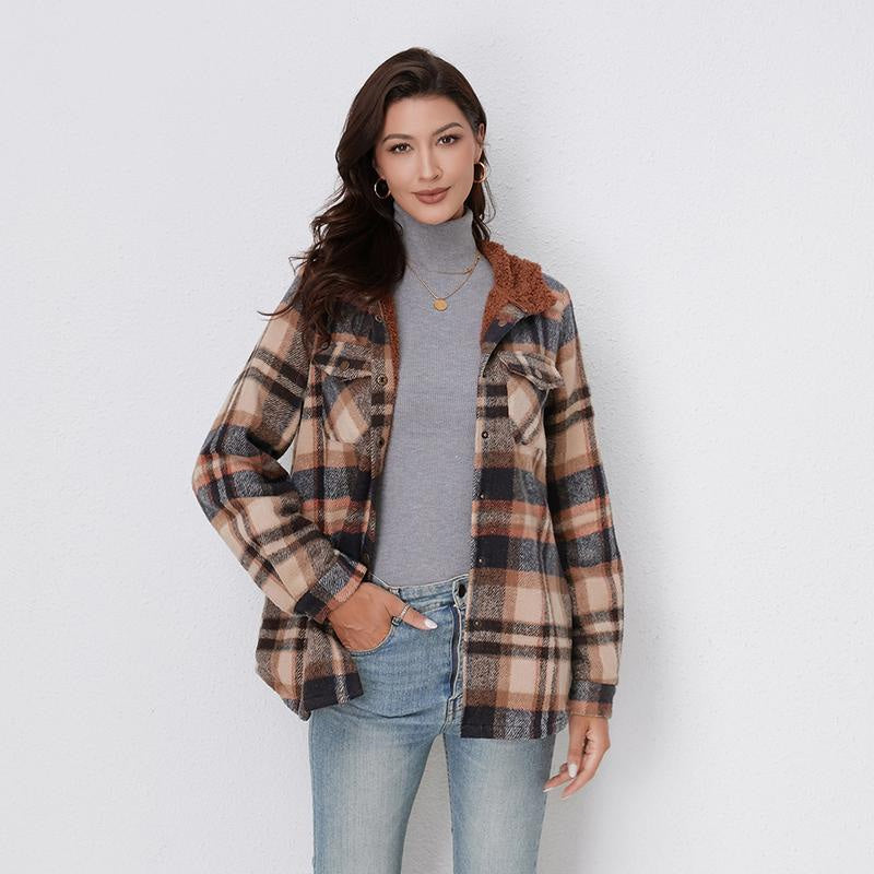 Herbstjacke mit Karomuster und Kapuze für Damen - Blau-Braun