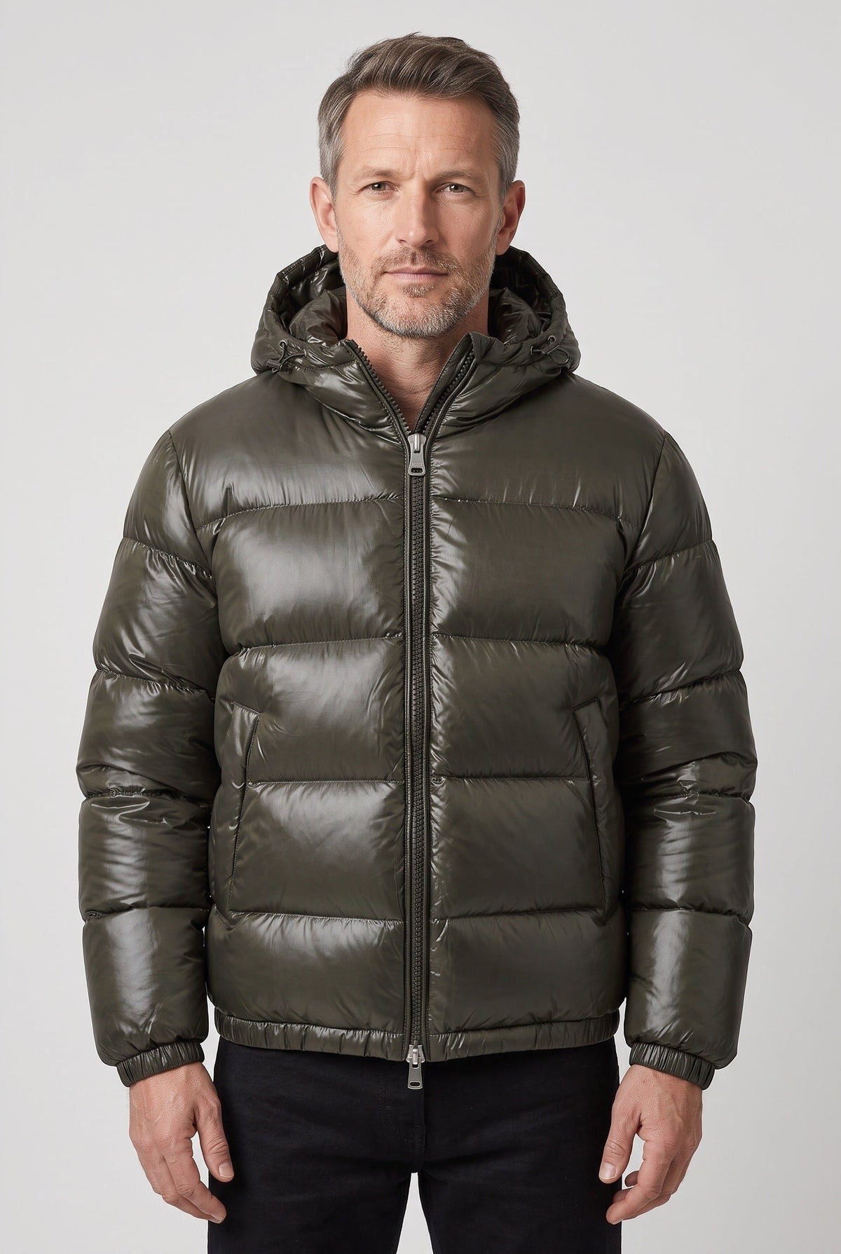 Hooded Puffer Jacket with Horizontal Quilting - Army Green