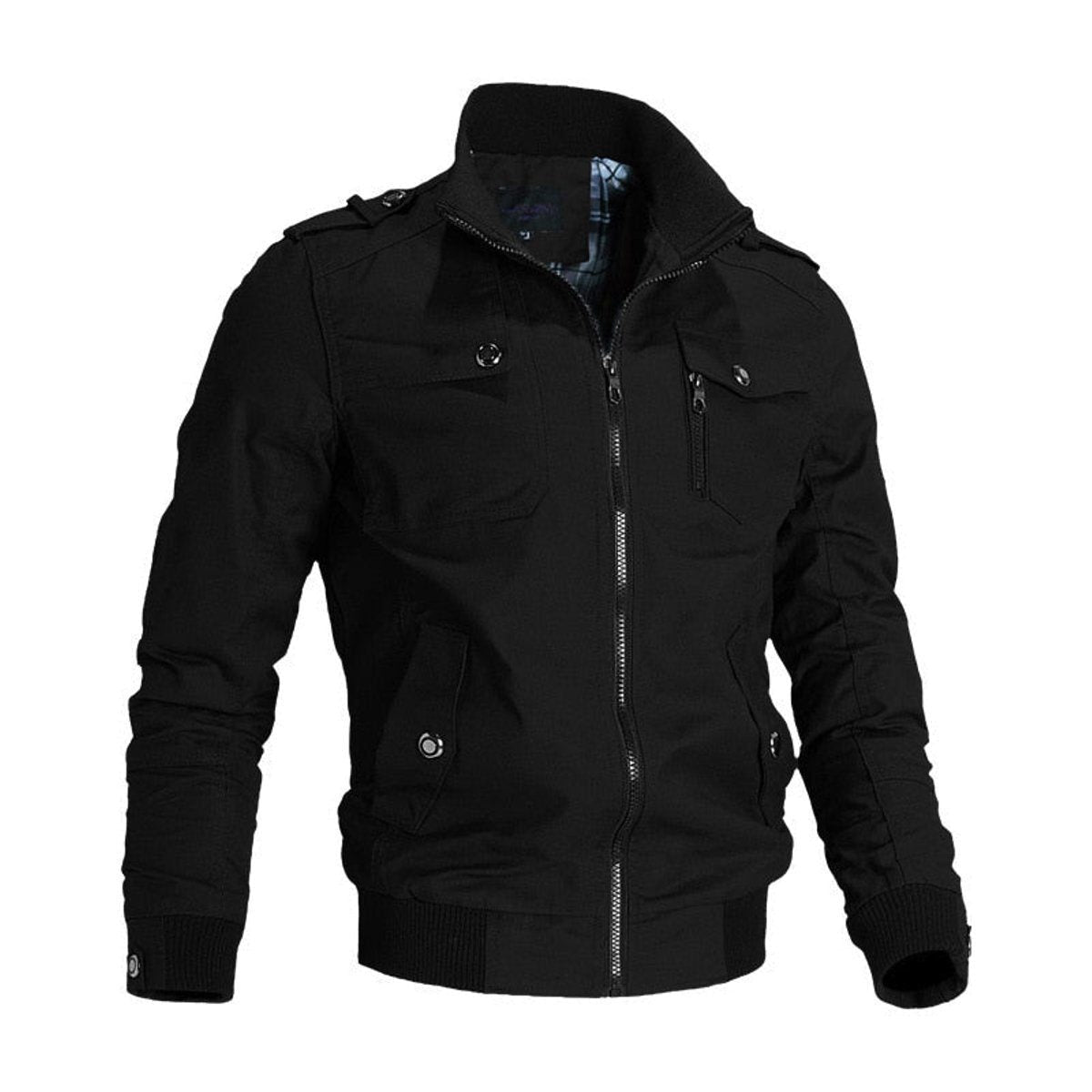 Zip-Up Bomber Jacket with Flap Chest Pockets - Black