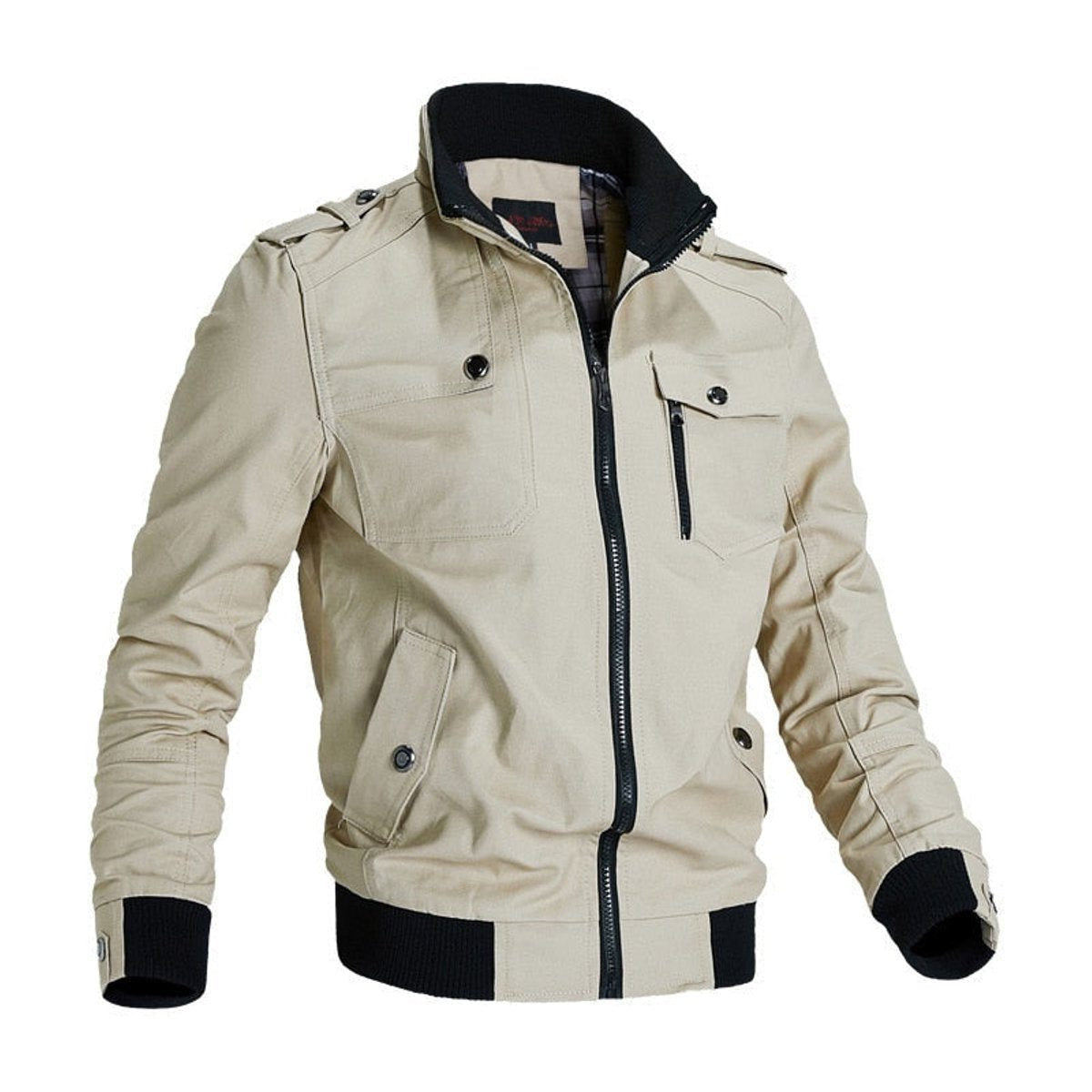 Zip-Up Bomber Jacket with Flap Chest Pockets - Khaki