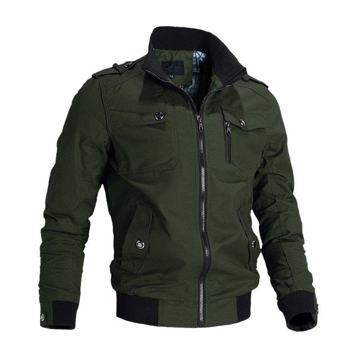 Zip-Up Bomber Jacket with Flap Chest Pockets - Green
