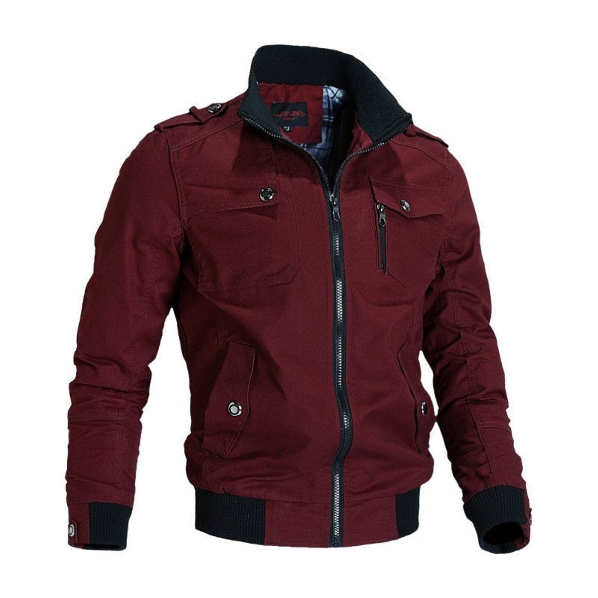 Zip-Up Bomber Jacket with Flap Chest Pockets - Red
