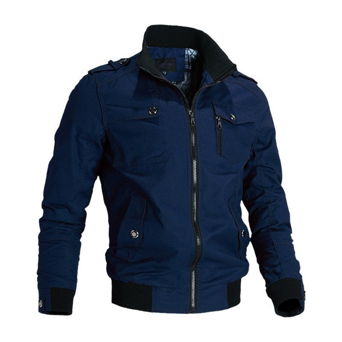 Zip-Up Bomber Jacket with Flap Chest Pockets - Blue