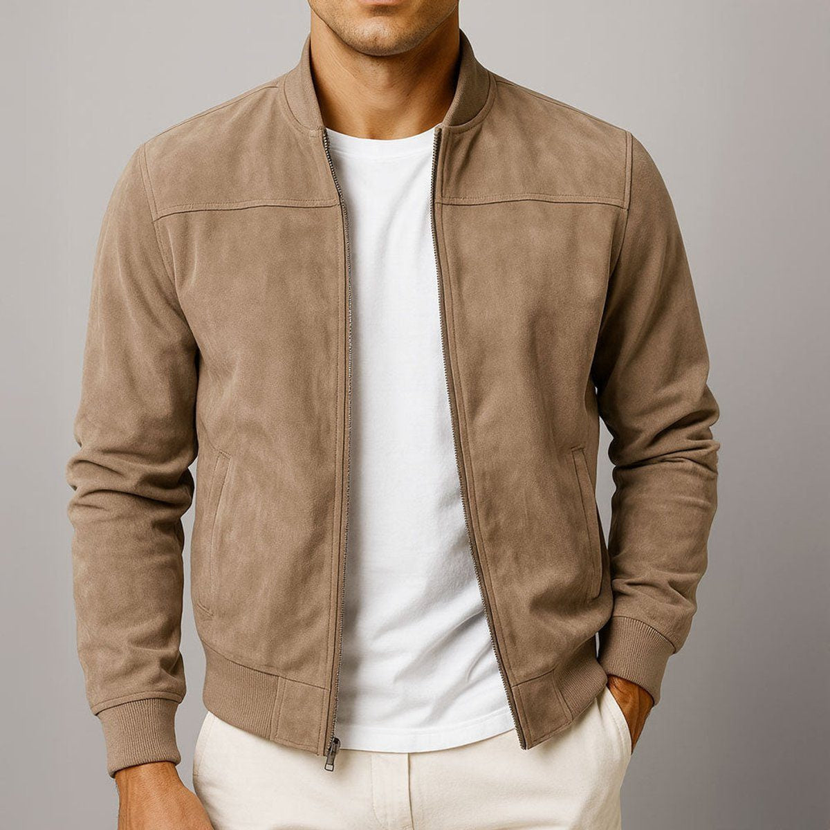Suede-Look Zip-Up Bomber Jacket - Brown