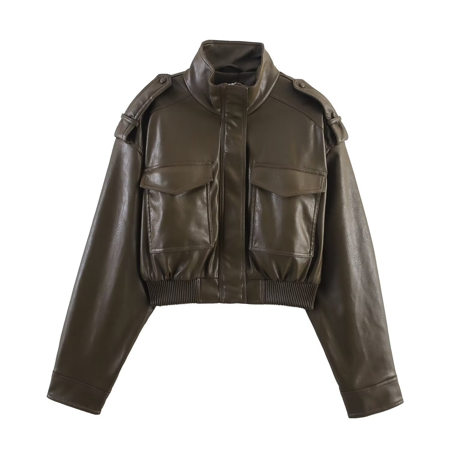 Cropped Faux Leather Bomber Jacket with Flap Pockets - Dark Green