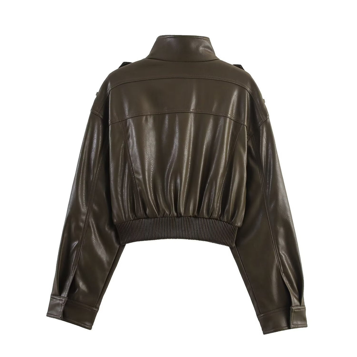 Cropped Faux Leather Bomber Jacket with Flap Pockets - Dark Green