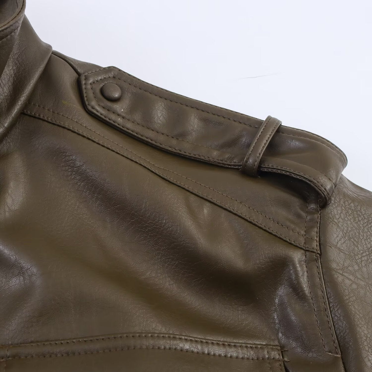 Cropped Faux Leather Bomber Jacket with Flap Pockets - Dark Green