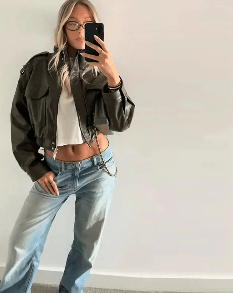 Cropped Faux Leather Bomber Jacket with Flap Pockets - Dark Green