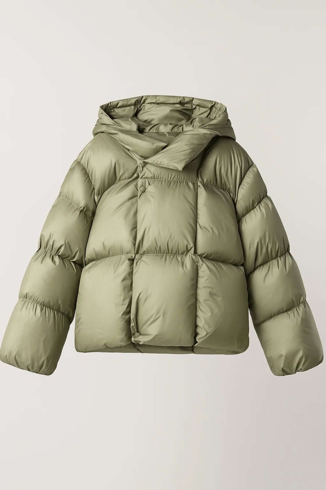 Oversized Puffer Jacket with Stand Collar - Olive Green