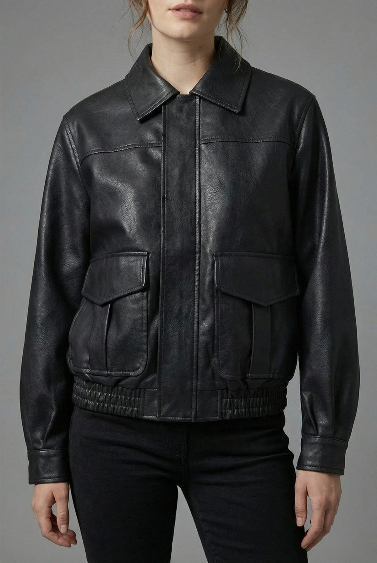 Faux Leather Collared Jacket with Flap Pockets - Black