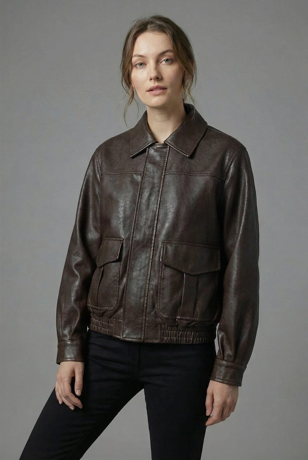 Faux Leather Collared Jacket with Flap Pockets - Coffee