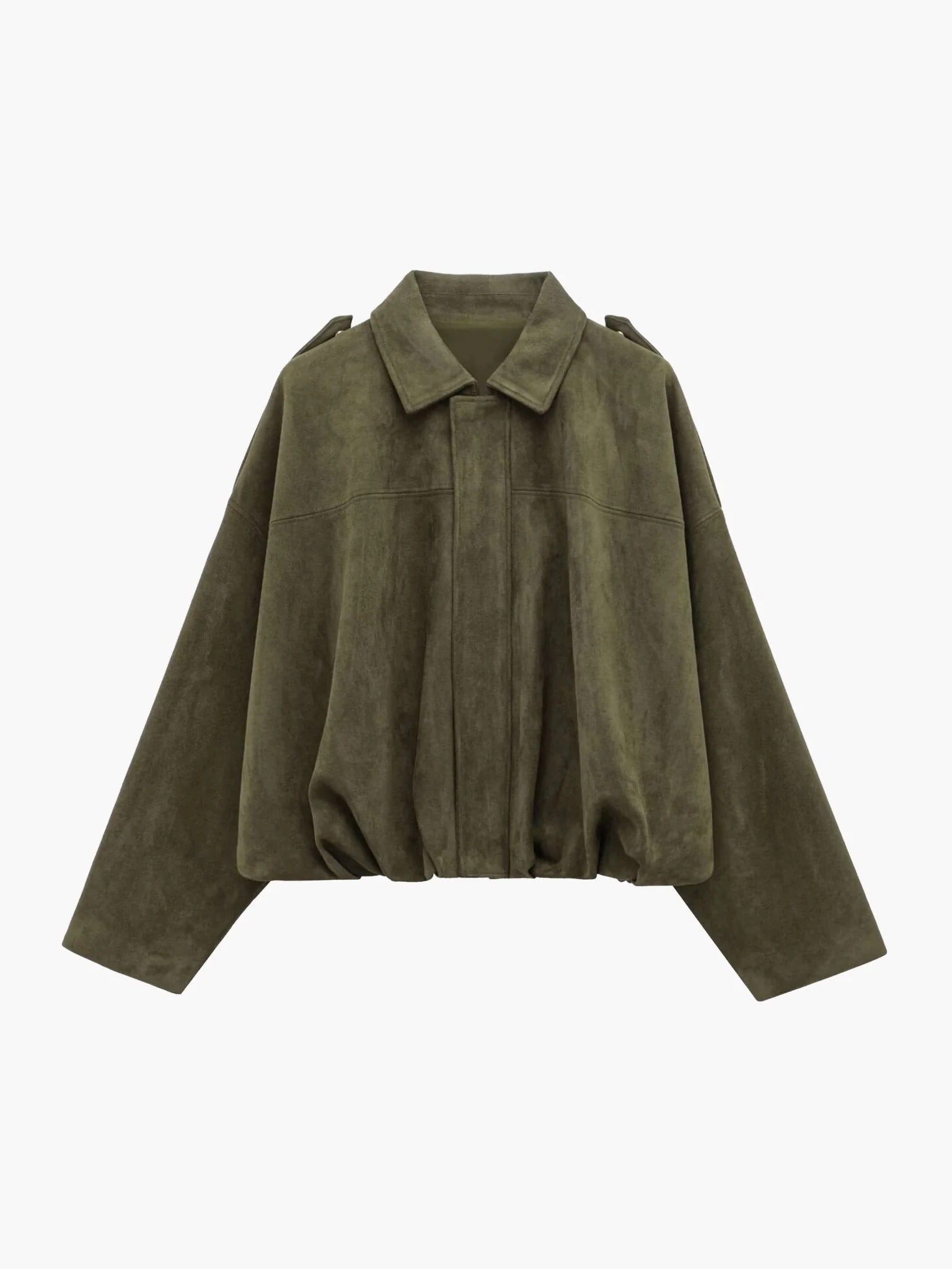 Faux Suede Bomber Jacket with Point Collar - Green