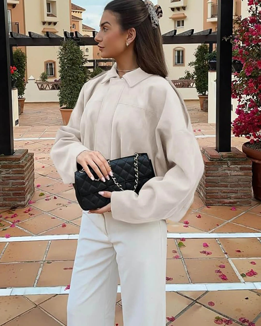 Faux Suede Bomber Jacket with Point Collar - White