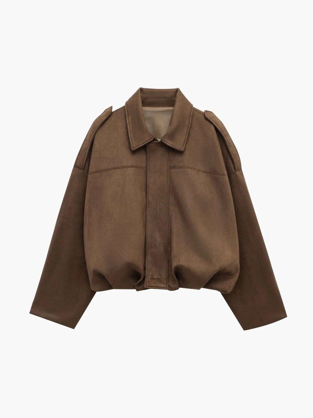 Faux Suede Bomber Jacket with Point Collar - Brown