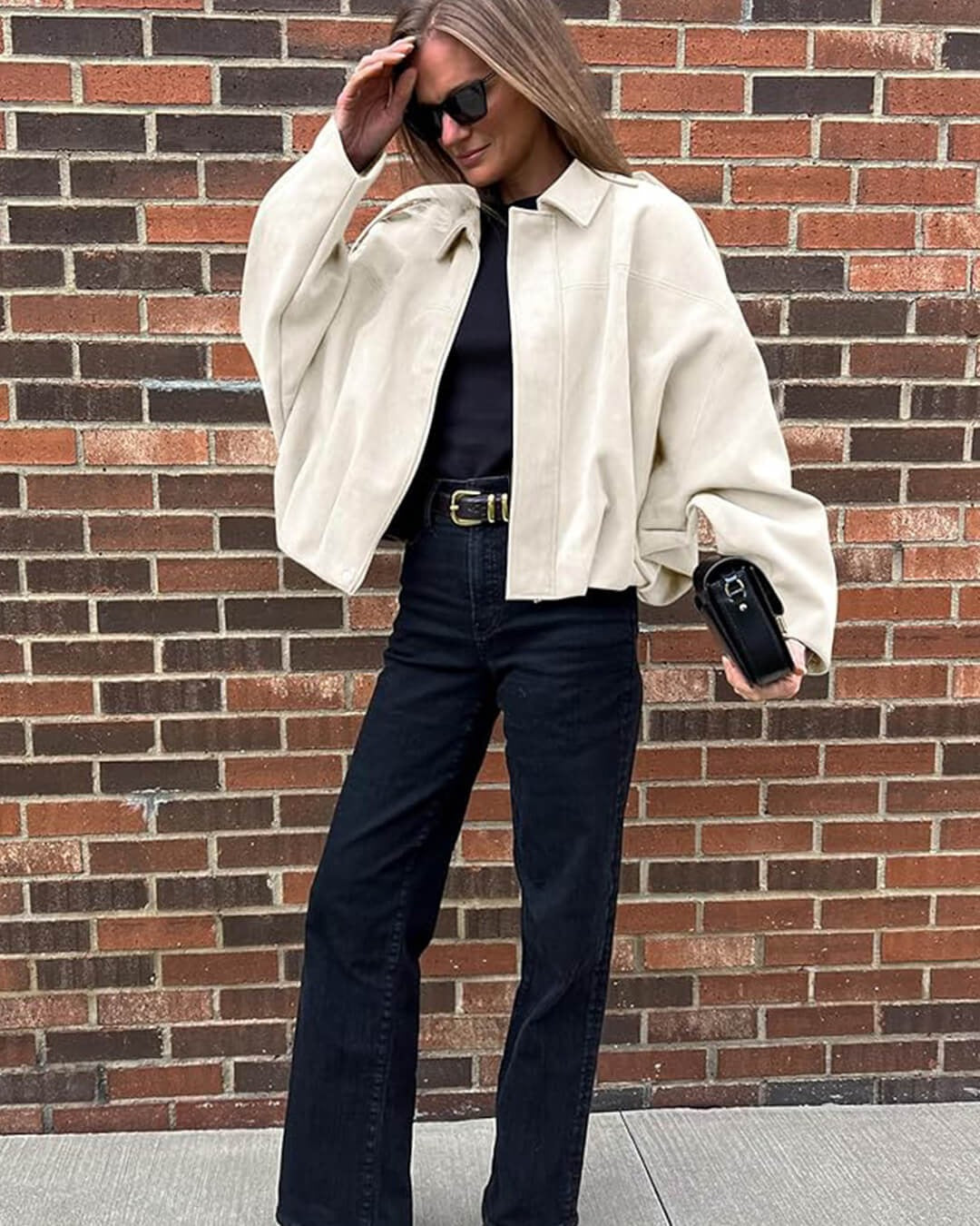 Faux Suede Bomber Jacket with Point Collar - White