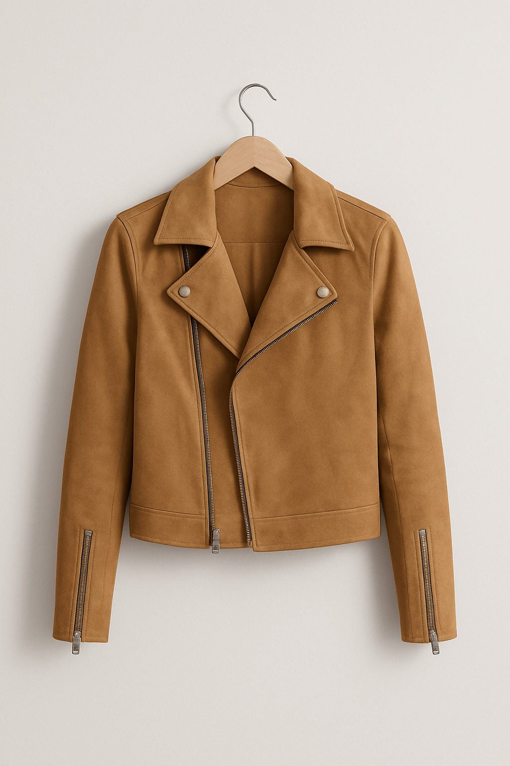 Faux Suede Cropped Biker Jacket - Beige