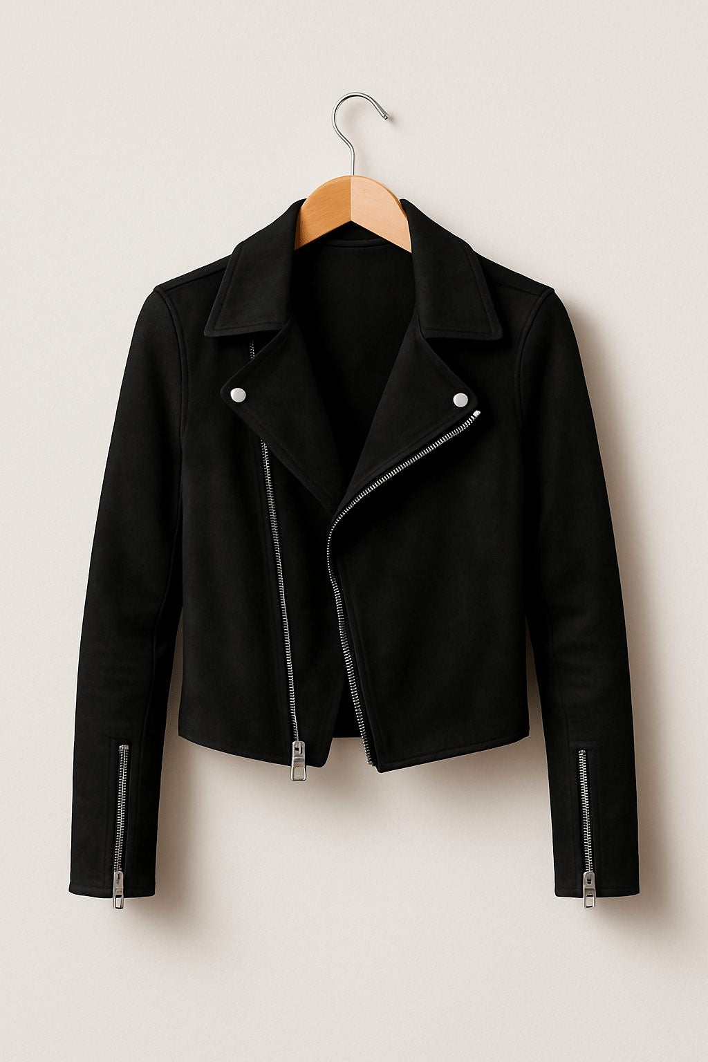 Faux Suede Cropped Biker Jacket - Black