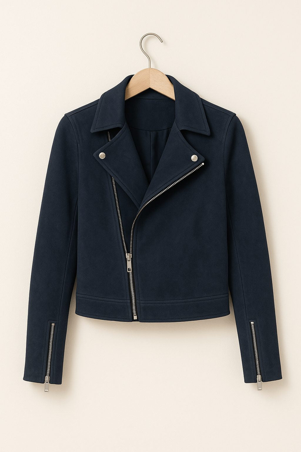 Faux Suede Cropped Biker Jacket - Blue