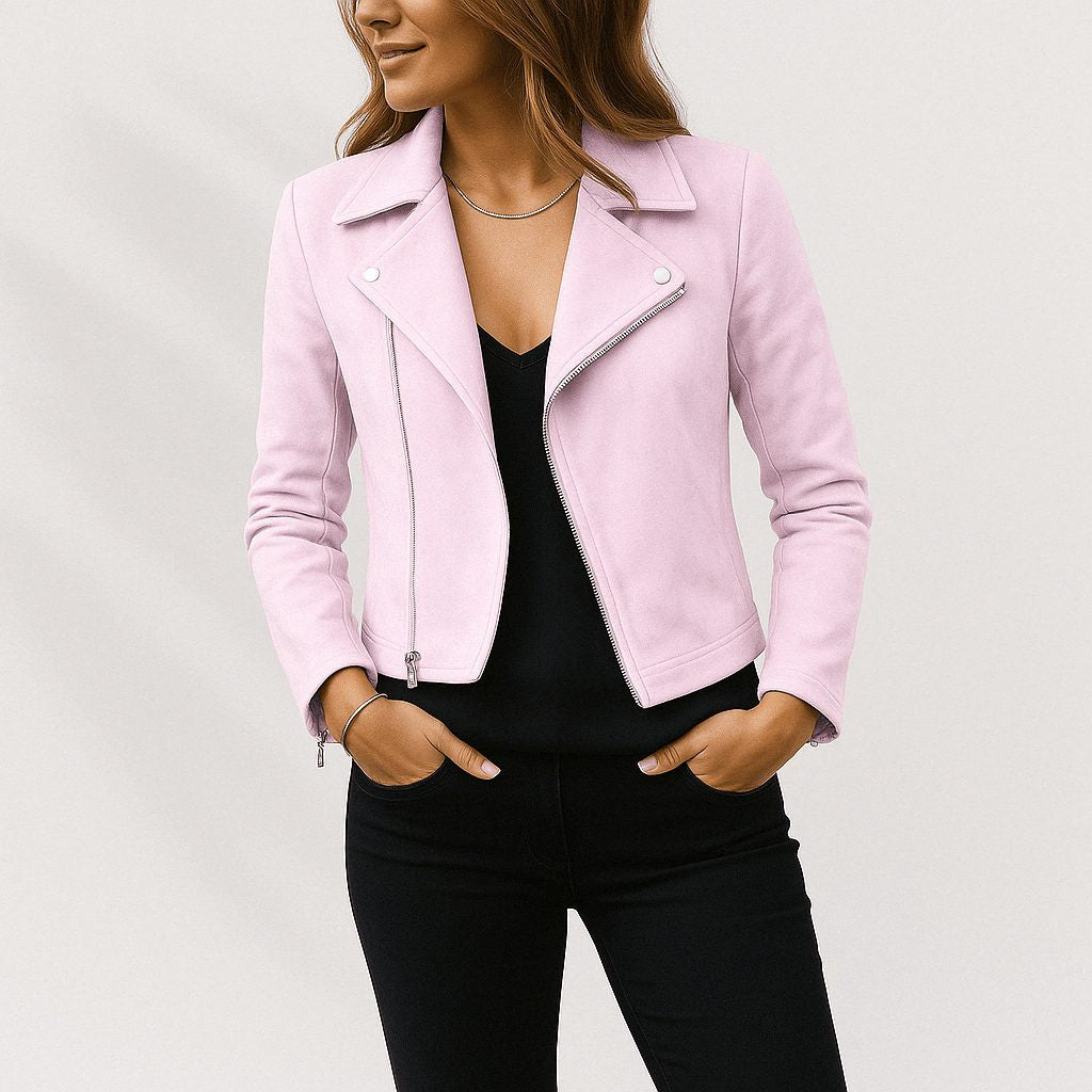 Faux Suede Cropped Biker Jacket - Pink