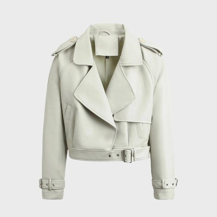 Cropped Biker Jacket with Wide Lapels and Belt - White