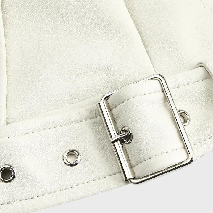 Cropped Biker Jacket with Wide Lapels and Belt - White